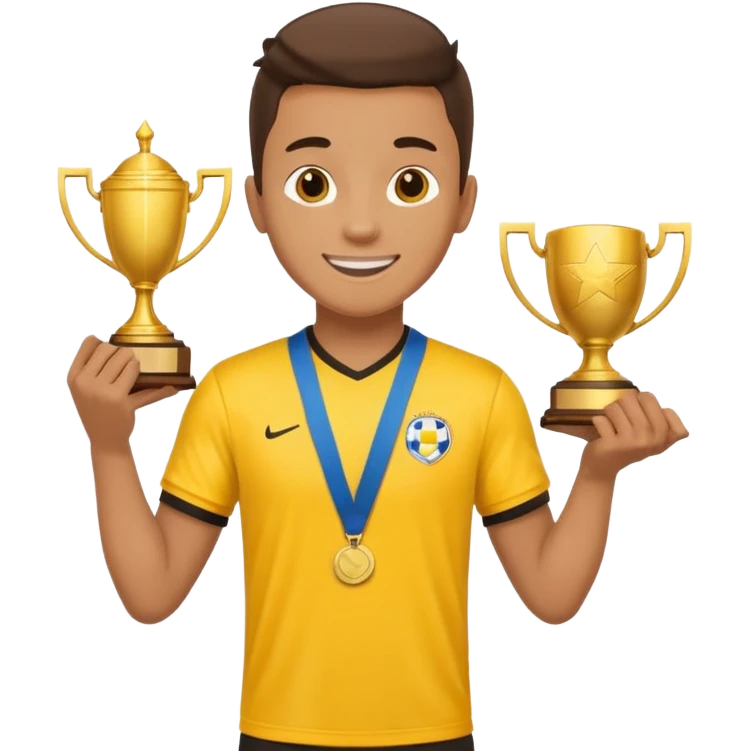happy soccer player with a first-place medal and a trophy in yellow t-shirts emoji
