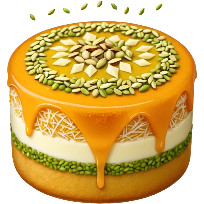 A small round emoji of traditional kanafeh with golden-orange crispy threads, a gooey white cheese center, and a light sprinkle of green pistachios. Warm and delicious-looking. emoji