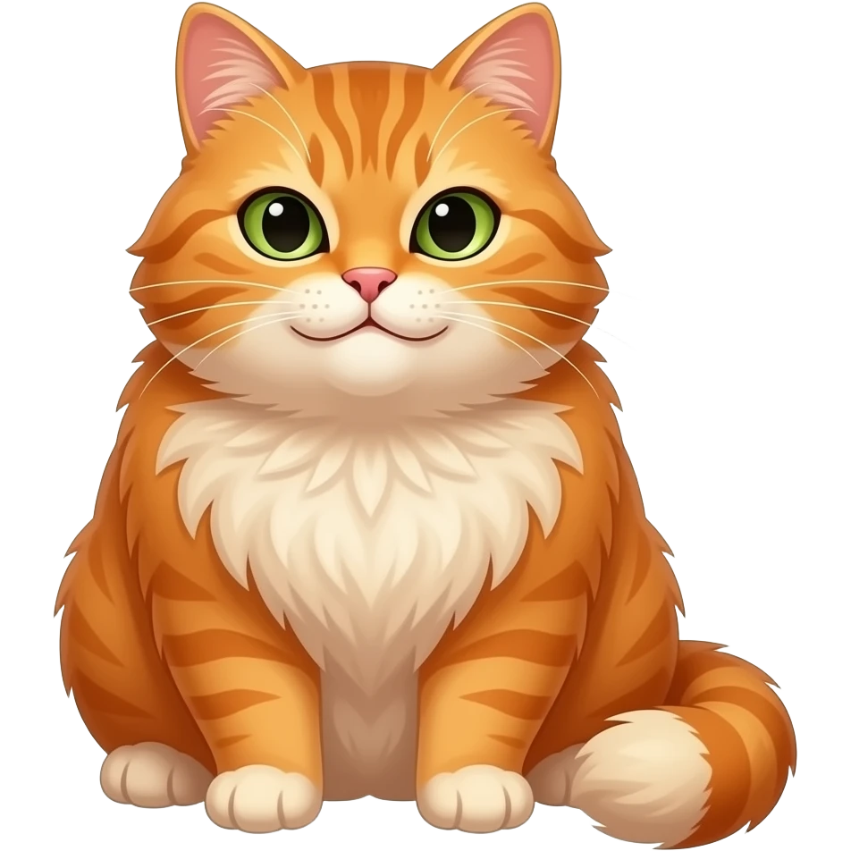 chonky orange cat with determined eyes, green eyes, long haired, smirk, closed mouth smile, full body, sitting emoji