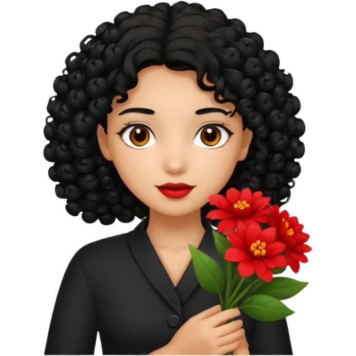 A girl with curly  black  hair and res flowers in her hands emoji