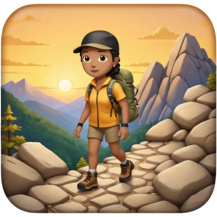 A 3D cartoon hiker silhouette standing on a rocky path at sunset, warm golden light, Memoji-style rendering. inside photo frame emoji