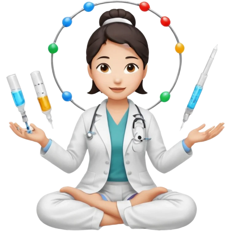 emoji of an asian woman with a single bun in a white lab coat sitting cross legged with micropipettes levitating in an arc around her head emoji