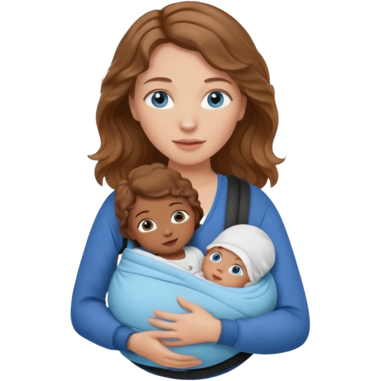 Caucasians light brown wavy haired woman with brown skinned bay in carrier. Mom has blue eyes emoji