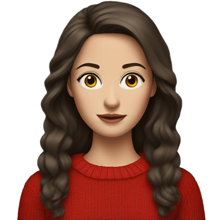 brunette woman red sweater, blue eyes emoji