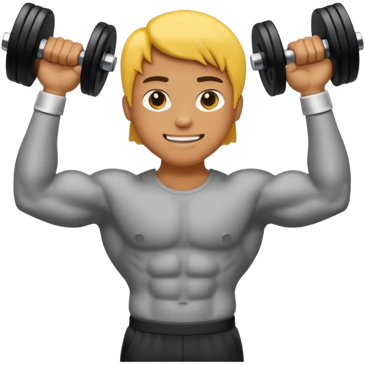 A bold, expressive emoji-style character flexing his bicep while holding a dumbbell in one hand. Bright colors, simple features, rounded edges, and a friendly, energetic look. emoji