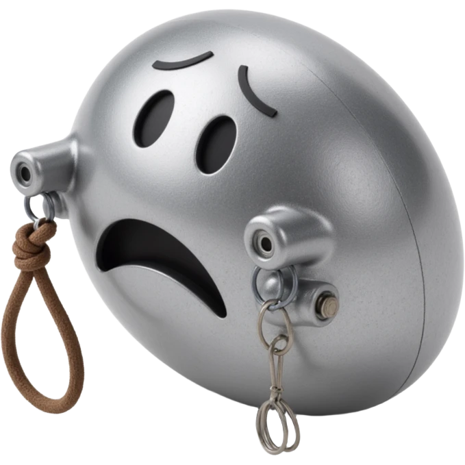 sad emoji face formed from a bent metal pipe, metallic texture, expressive sad eyes and frown, simple background emoji