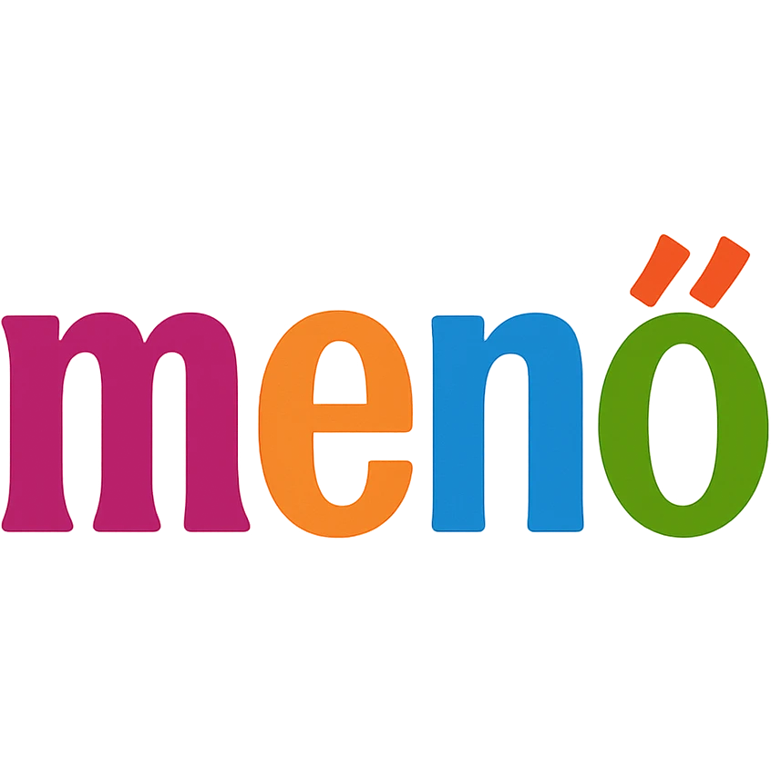 colorful modern text image with the word 'menő' in the center, varied colorful fonts, no emoji or face emoji