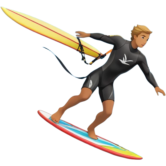 An athlete in a wetsuit riding a winged kiteboard, soaring above the waves with a powerful breeze beneath a clear blue sky. The scene captures the dynamic motion of the sport, with the ocean waves and kite gliding through the air, symbolizing freedom and adventure. emoji