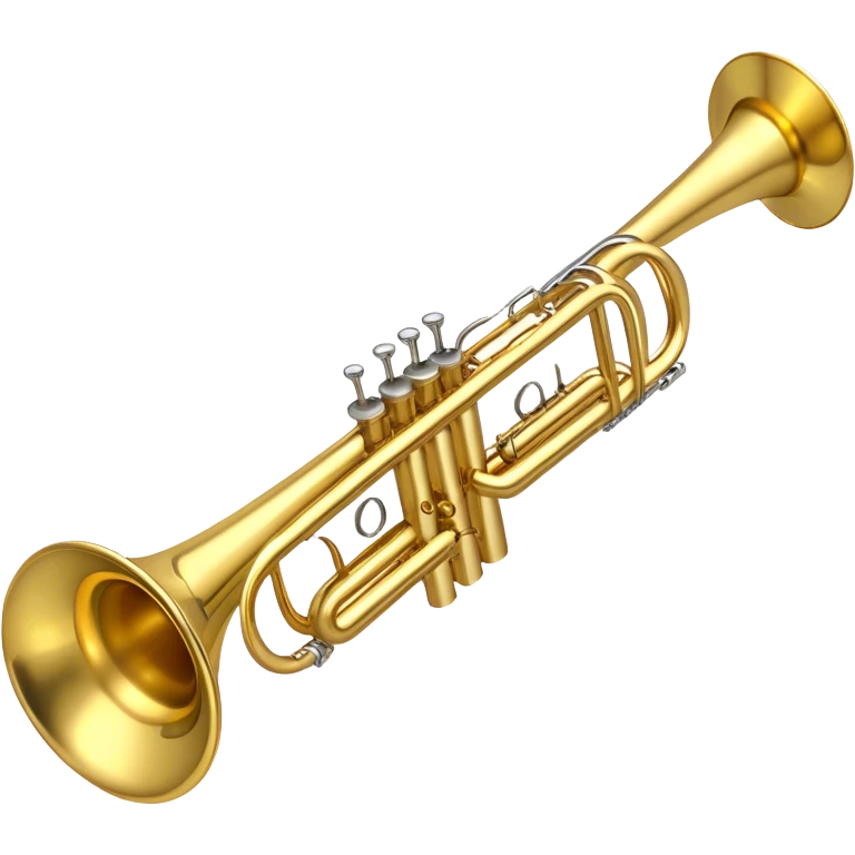 Create a sleek and professional emoji representing a trumpet. The design should feature the shiny brass or gold-plated body of the trumpet, with its distinct three valves and flared bell. Highlight the smooth tubing, and include small details like the tuning slides and valve caps. The trumpet should have a polished, gleaming appearance with reflective light effects to enhance its metallic texture. Add subtle musical notes or soundwaves floating around the trumpet to evoke the bright, bold sound it produces. Use gold, brass, and silver tones for the trumpet and its details. The background should be transparent. emoji