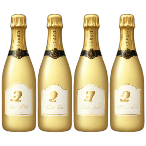 three champagne bottles, the first has a 3 on it, the middle has a 7 and the last one has a 5 emoji