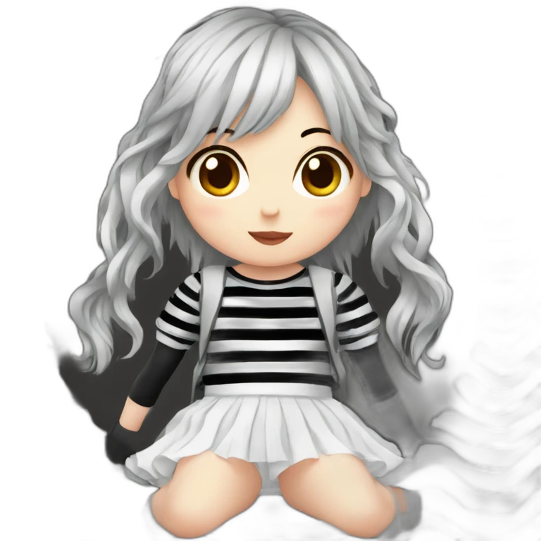 Frontal view curvy emo girl sits white skirt striped stockings hands up emoji