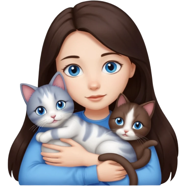 a pretty girl with long dark 
brown hair, with blue eyes, hugs 3 different natural coloured small cats emoji