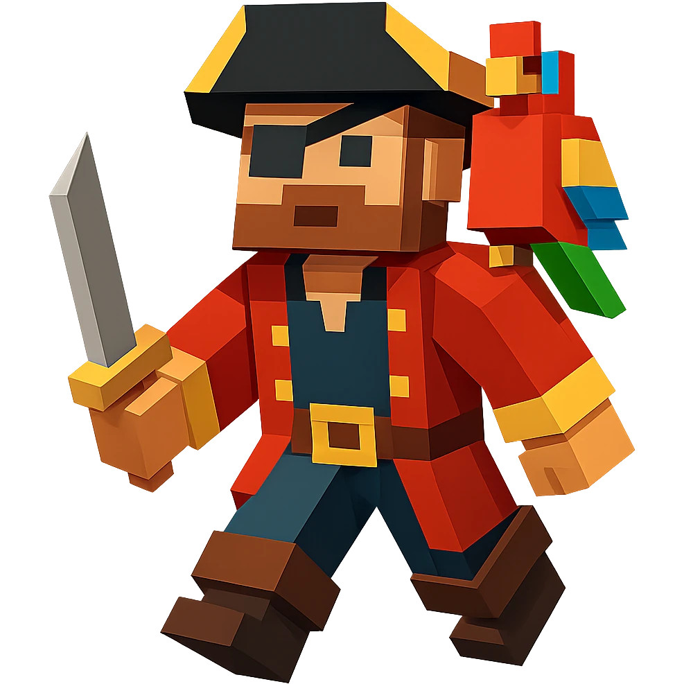 A pirate with an eye patch and a colorful parrot on shoulder, geometric minimalist 3D design emoji
