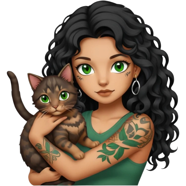 girl with long black Loose curls hair and tattoos and a green eyes cat emoji
