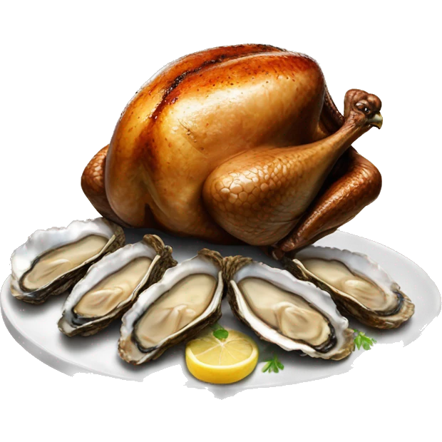 Standing Turkey next to slices of very Burnt dark toast and oysters emoji