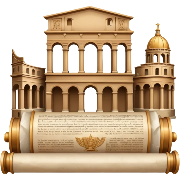 An icon featuring an ancient scroll, surrounded by famous historical landmarks and statues of notable figures, like the Colosseum or Napoleon. The design symbolizes the exploration of history through monuments and people. Transparent background highlights the pas emoji