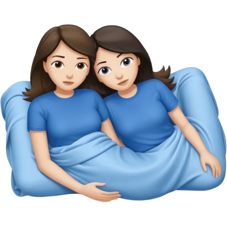 two white brunette women lying down full body on top of each other wrapped around each other one wearing a blue shirt they should be melting into each other emoji