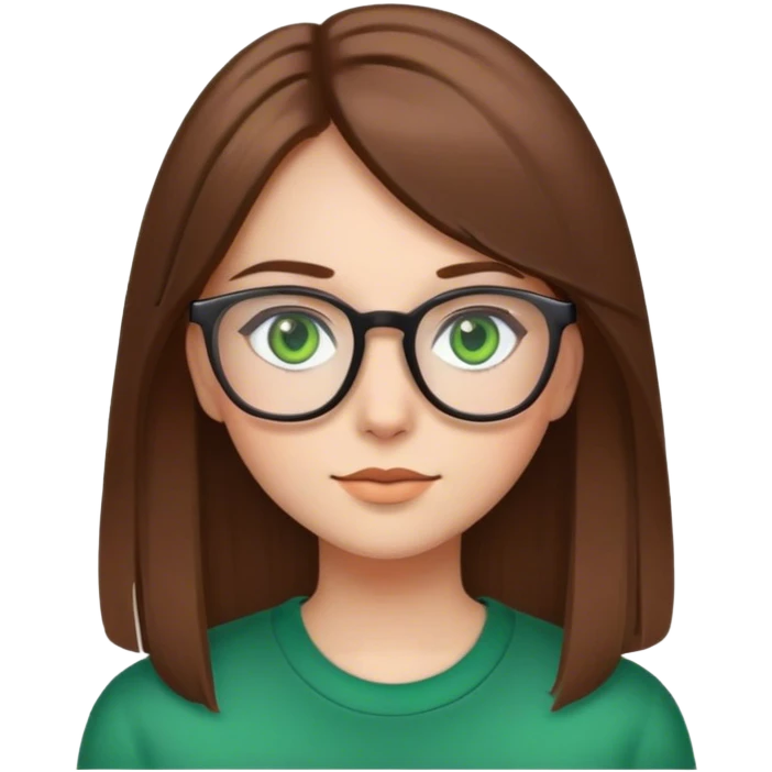 brown straight hair girl, green eyes, glasses emoji