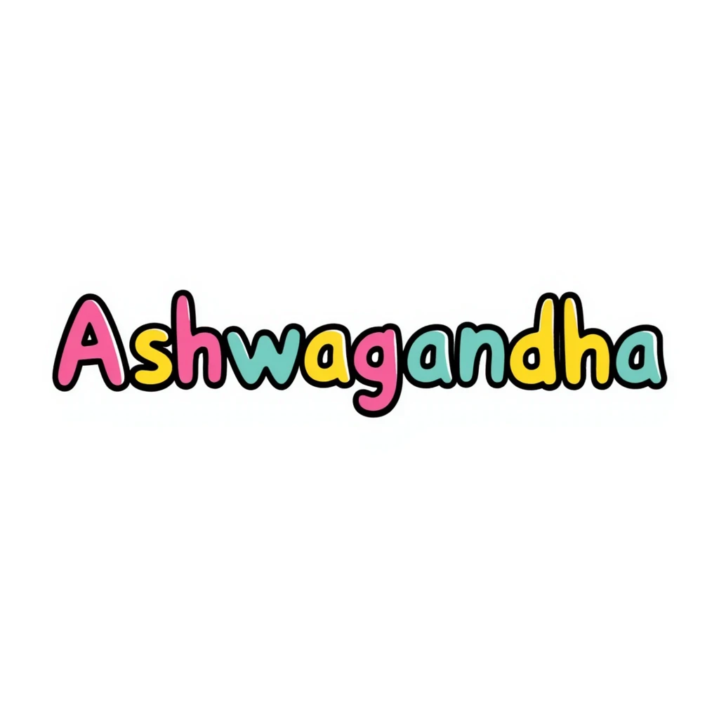 The word "Ashwagandha" hand-drawn in a vibrant tropical color scheme with pinks, teals, and yellows. Simple doodle style with minimal decoration. emoji