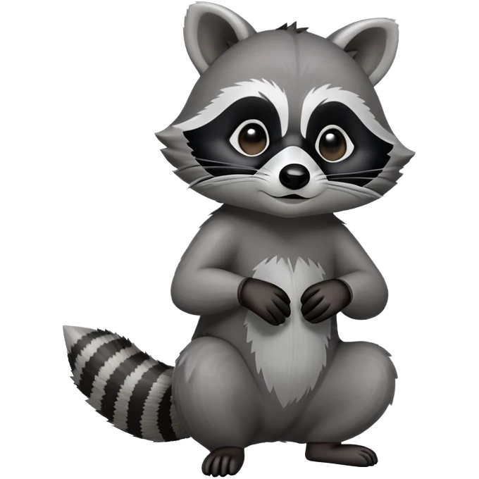 Cinematic-Raccoon-Realistic-hunched Full-Body on all fours-Emoji – Tail flicking lazily, head tilted dramatically, thick grey fur with a signature black mask, sharp and alert ears, simplified yet realistic focused features, highly detailed, glowing with an almost sarcastic glow. emoji