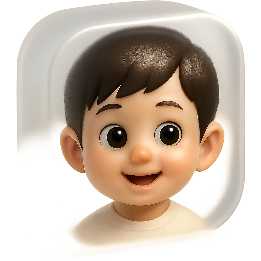 Make the 3D emoji more realistic with a glossy texture, preserving the cute Asian baby boy features, and keep no background (transparent). emoji