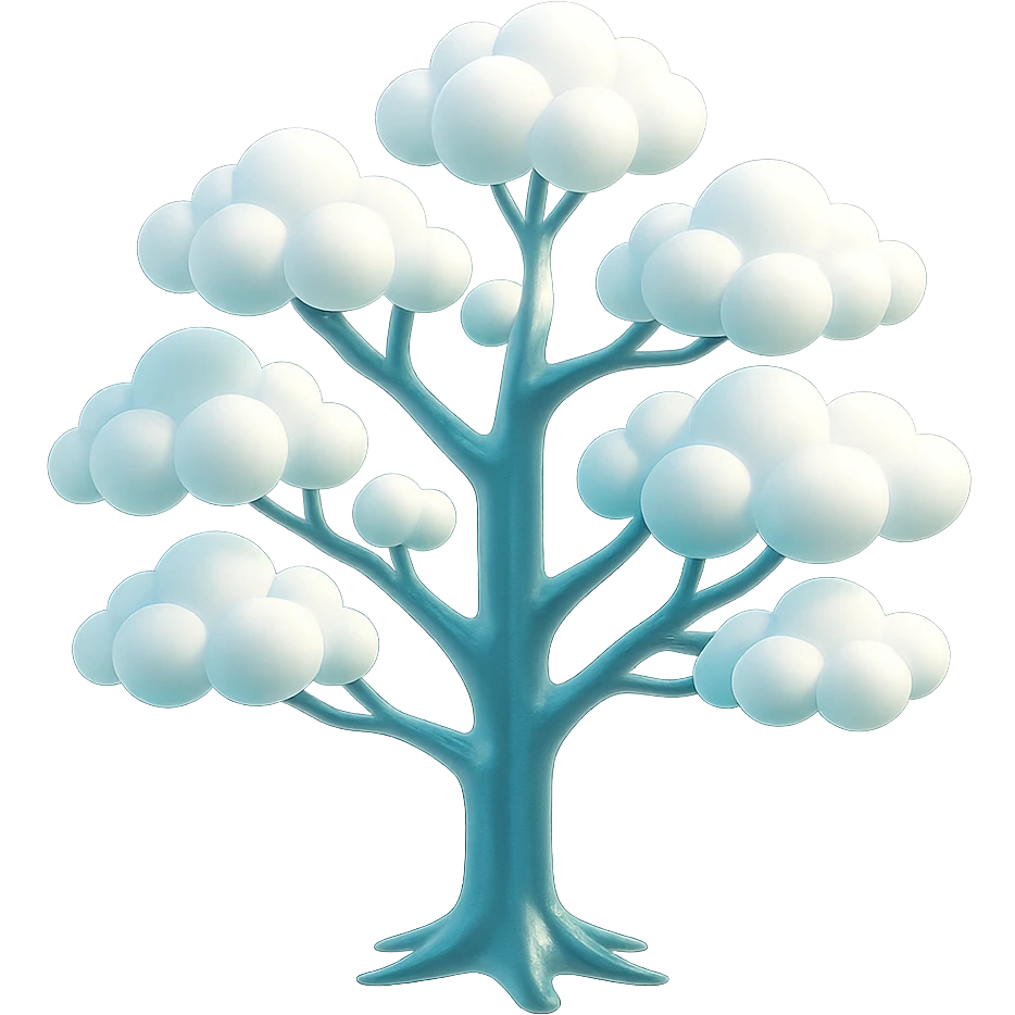 one tree with many branches, each branch covered with many small, very bright white, fluffy, convex clouds, saturated color emoji