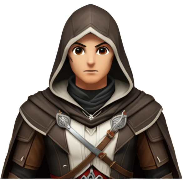 icon featuring Assasin's Creed in an iconic assassin's hood, standing tall against the backdrop of Florence. The design captures the essence of adventure, with intricate details of historical architecture and a sense of mystery. The character is poised, ready for action. transparent background. emoji