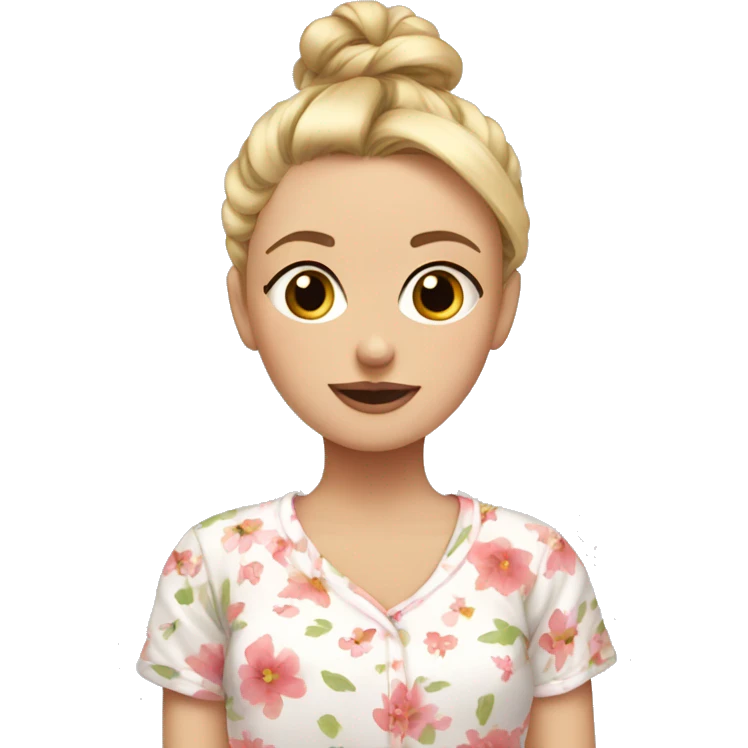 Blonde girl in floral pyjamas with messy bun at the top of her head emoji