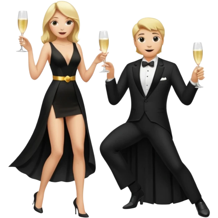 Blonde Woman, Long black slipdress, Slot left Leg, man black Cut,fly, Champagner glas emoji