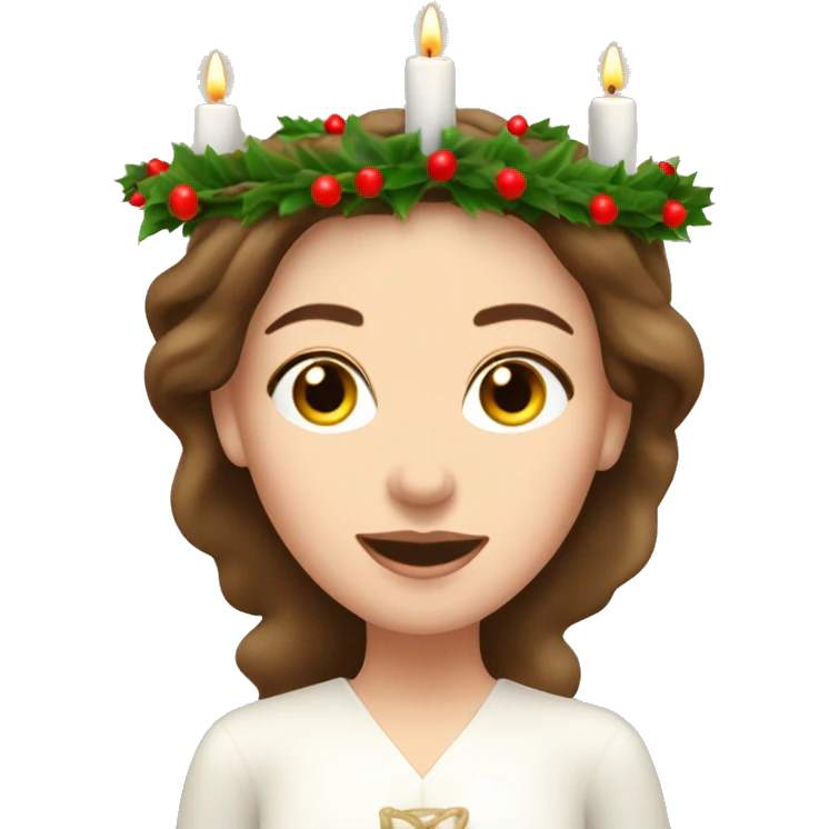 brown haired white women with white gown and advent wreath with candles on the head emoji