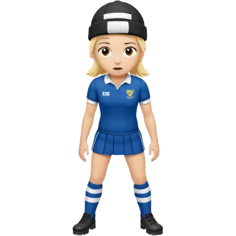 chica rubia con cara de miedo vestida con equipación de rugby y una casqueta en la cabeza metida en unas botas de presoterapia emoji