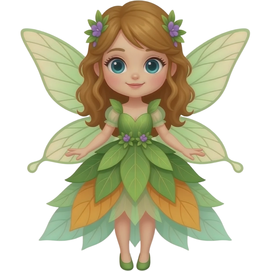 A cute elegant garden fairy in a green and orange color palette, with delicate translucent wings, a flowing leaf-and-petal dress, rosy cheeks, and tiny lilac accents. emoji