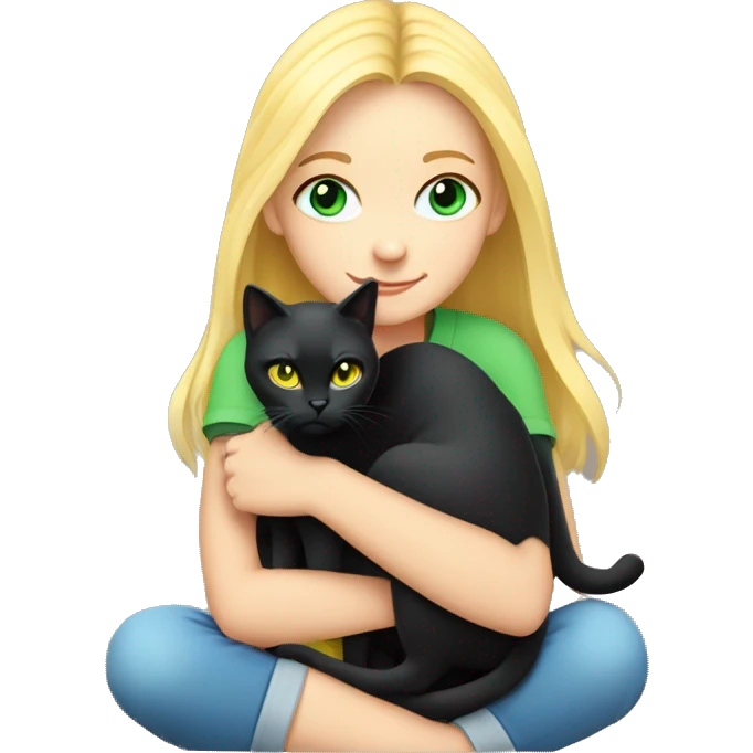 blonde with blue eyes girl hugs a black cat with green-yellow eyes blonde girl hugs a gray cat with green-yellow eyes emoji