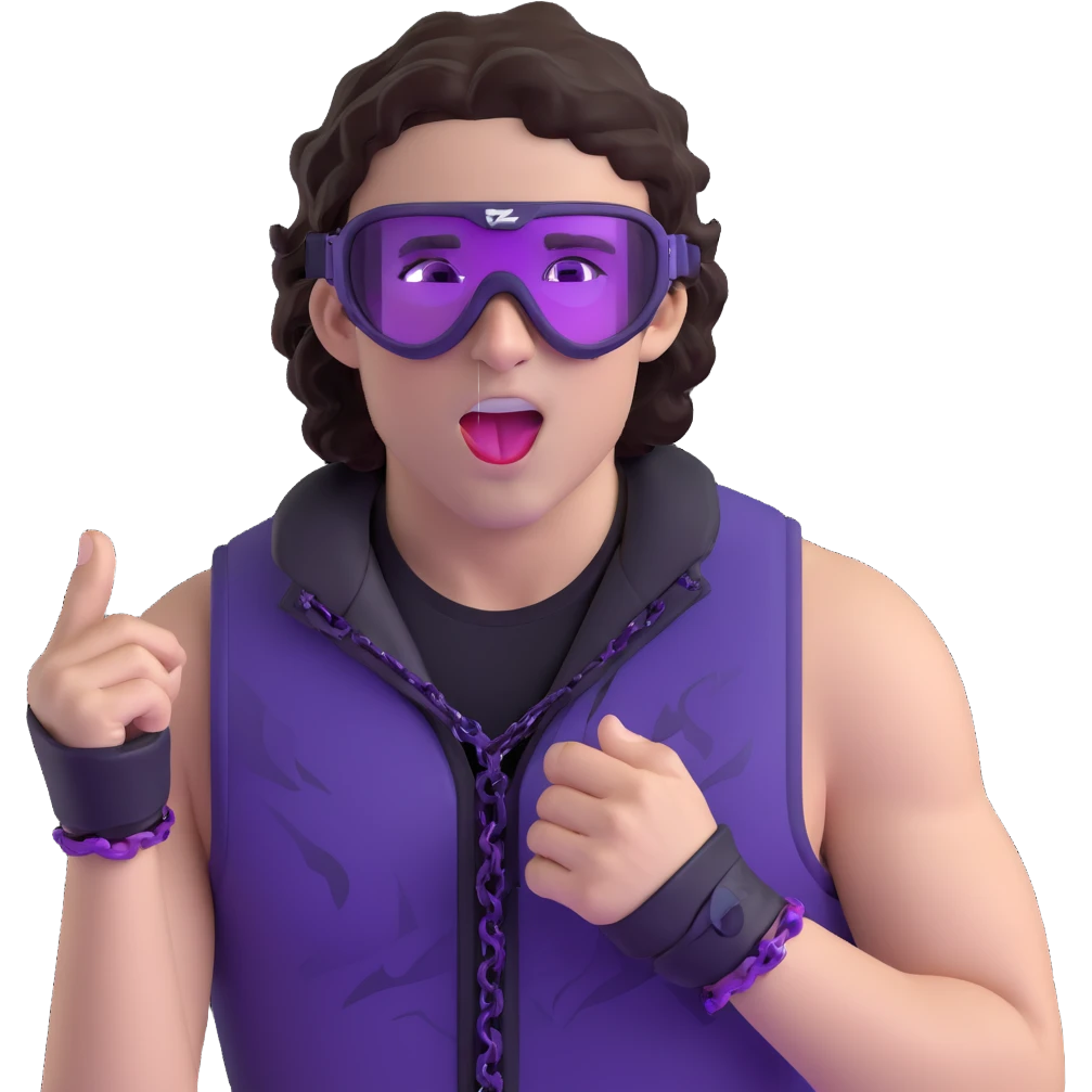 close-up of bad guy male athlete with white skin and moderately curly dark brown hair on top with shaved sides, wearing ski goggles with purple frames and very dark black lenses, a simple plain black chain necklace, and a completely unzipped sleeveless vest with purple and black sequin fire pattern design with no logo, pulling his tongue out very far in an exaggerated mocking gesture, looking menacing and villainous emoji
