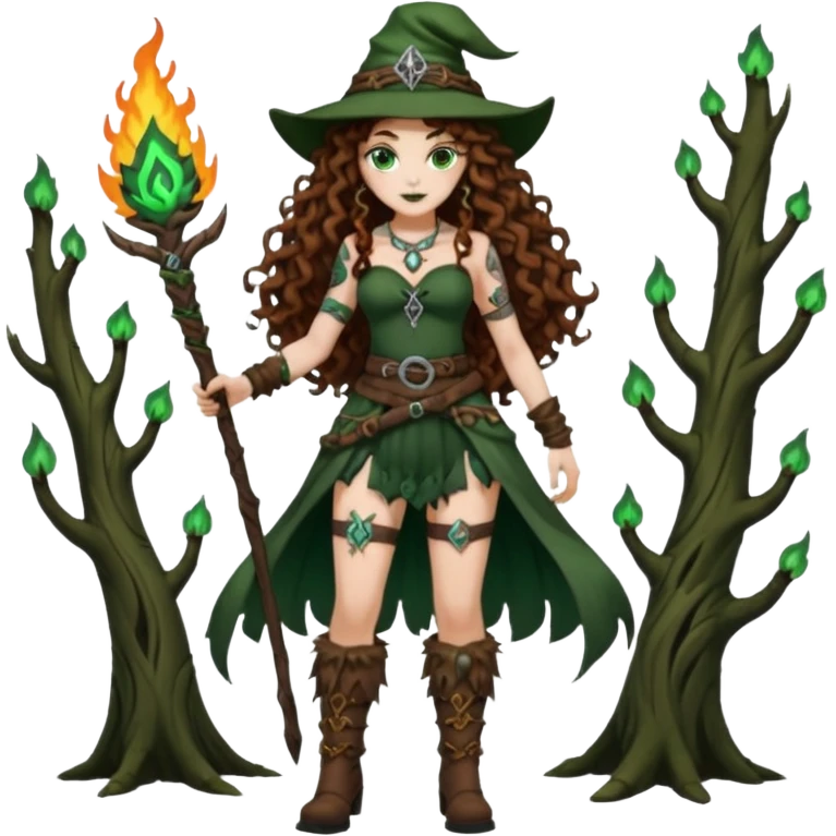 full body view of a woman with long curly brown hair, brown eyes, white skin, tattoos, wearing a forest witch outfit with high boots and rune belt, casting green flame from her hand emoji