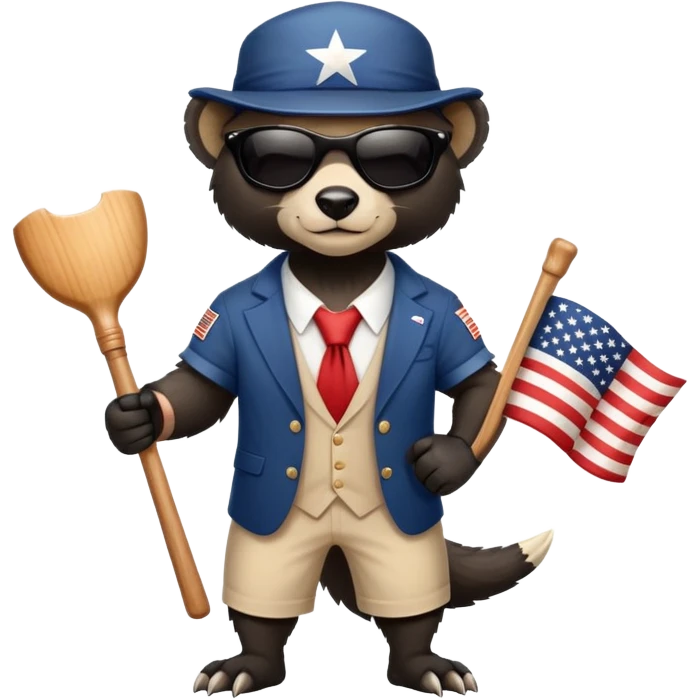 friendly anthropomorphised honey badger in USA Independence Day outfit, wearing sunglasses, holding a club, ready stance emoji