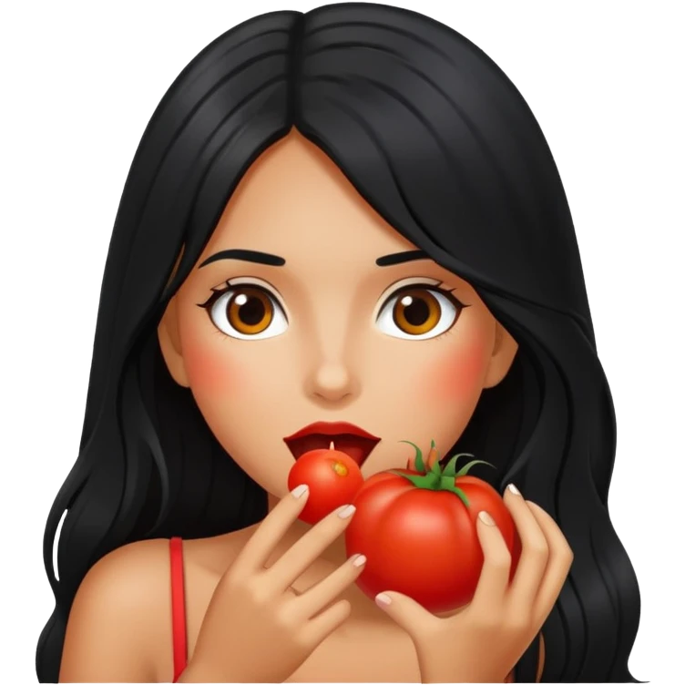 Pretty tanned girl with long black hair, eating tomatoes emoji