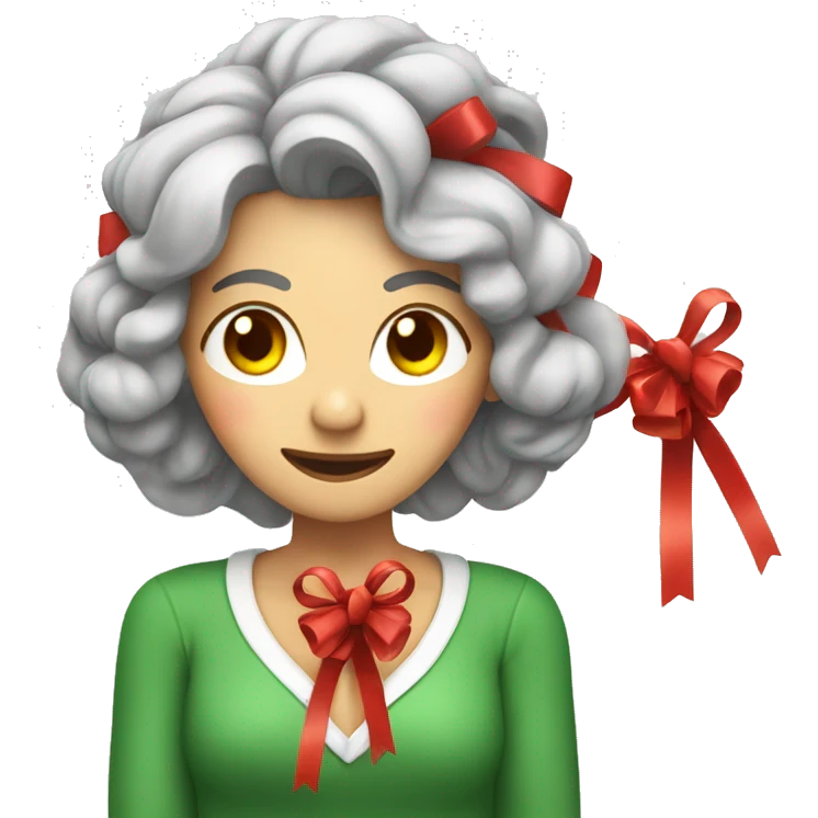 Middle aged woman learning how to tie a Christmas bow emoji