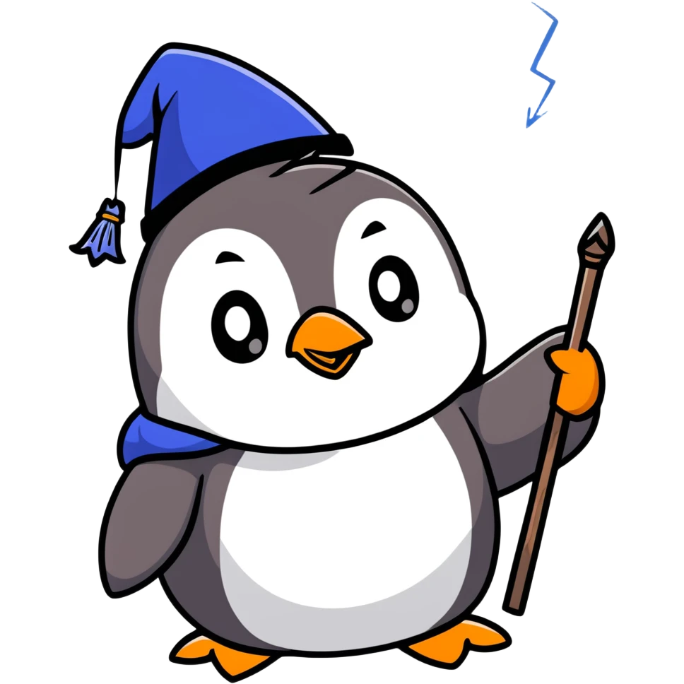 Penguin casting a magical spell with a wizard hat and blue robes emoji