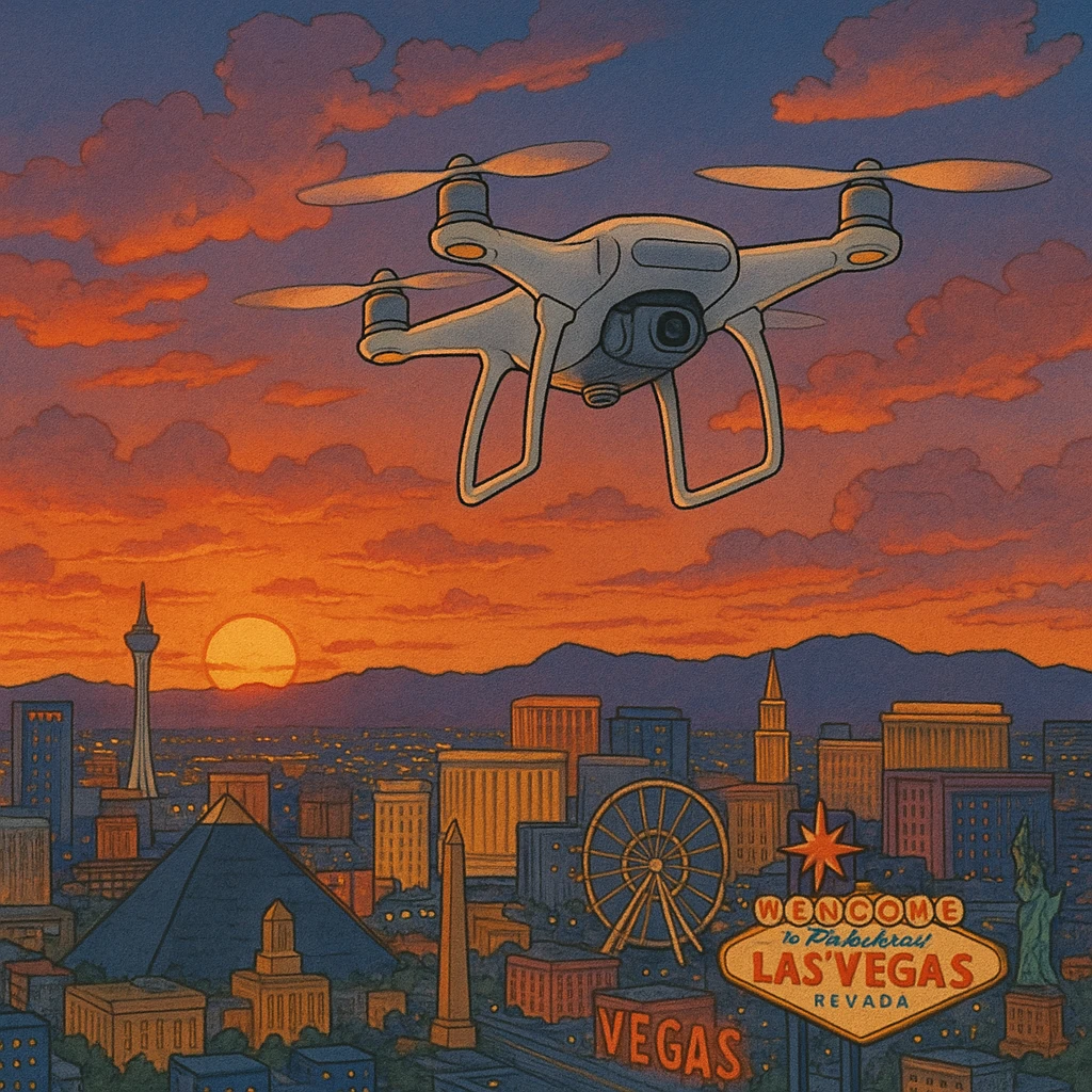 ghibli style illustration of a drone soaring over Las Vegas at sunset emoji