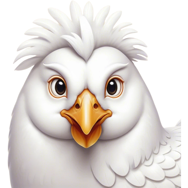 Cinematic Noble White Chicken Portrait Emoji, Poised and regal, with a compact, sturdy build and a pristine, well-groomed pure white plumage, deep-set soulful beady eyes, Simplified yet sharp and sophisticated features, highly detailed, glowing with a soft, dignified glow, high shine, intelligent and alert, stylized with an air of barnyard elegance, focused and attentive, soft glowing outline, capturing the essence of a watchful and confident fowl, so majestic it feels as though it could strut out of the screen with effortless authority! emoji