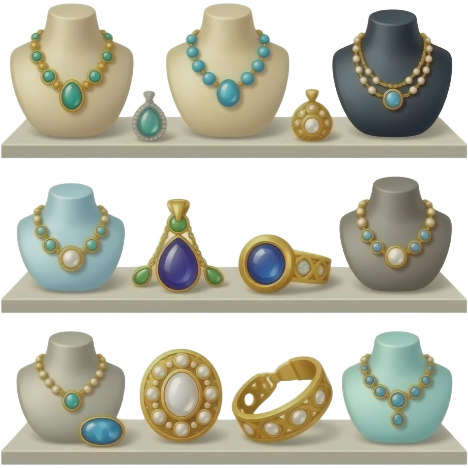 All kinds of jewelry accessories are placed on a shelf. emoji