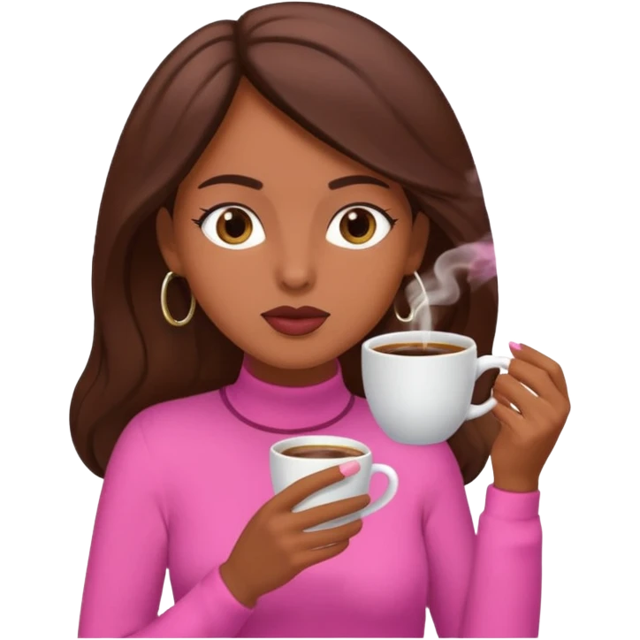Mulher morena tomando café  com roupa rosa esfriando o café  emoji