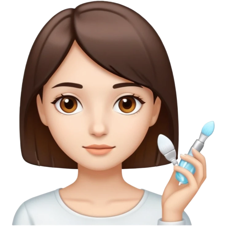 Uma menina de pele clara, cabelos curtos e lisos, com os olhos castanhos, fazendo skincare  emoji