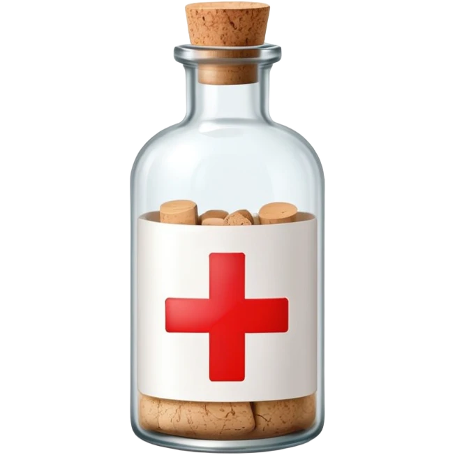 A glass medicine bottle with a cork top and red cross label emoji
