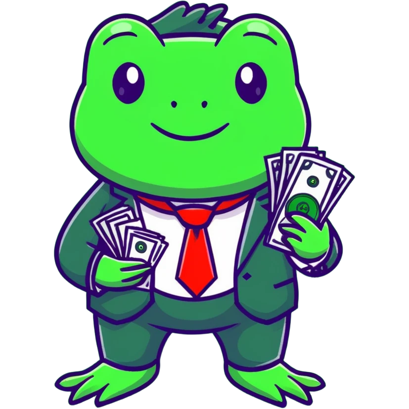 frog character in a fancy green suit holding money emoji