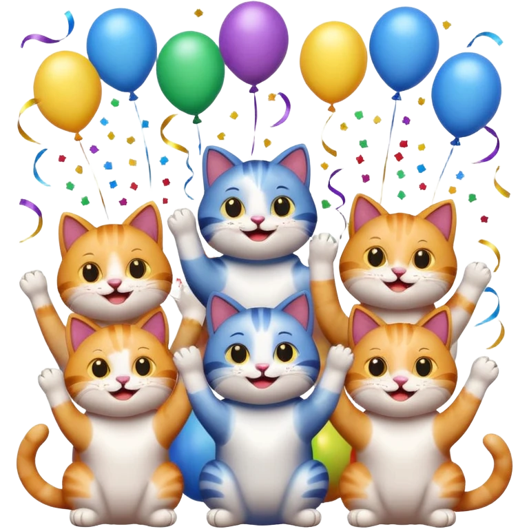 five cats celebrating and clapping for one cat, confetti and balloons, emoji style emoji