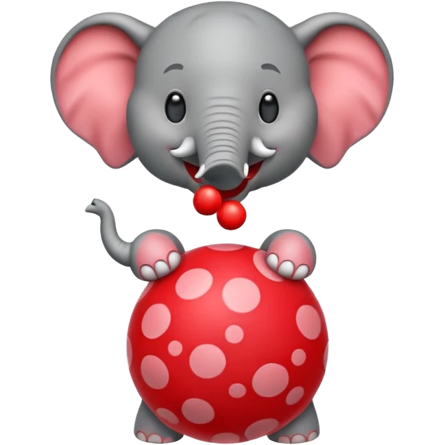 Create a cute emoji of a smiling cartoon elephant balancing a red patterned ball on its trunk emoji