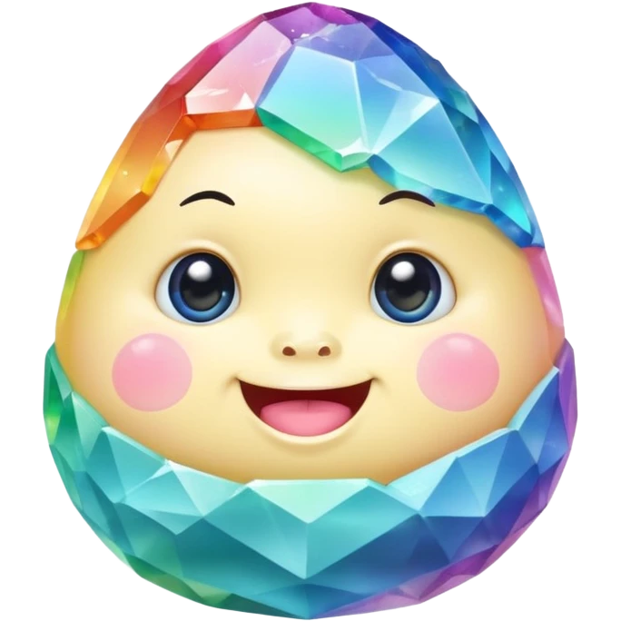 A single pastel rainbow crystal baby rock character, chubby and heavy with a chunky, irregular polygon shape, not egg-shaped, covered in faceted crystal planes and small chips, big glossy rainbow eyes and a small smiling mout emoji