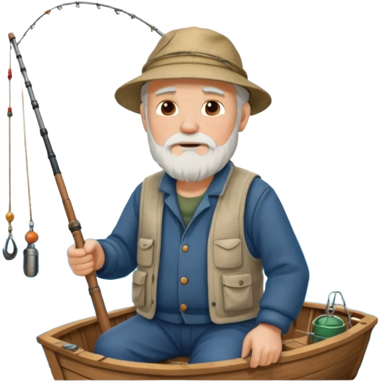 an old white haired, bearded man in fisherman attire, sat in a big boat on a calm sea, holding one fishing rod in one hand, with the end of the fishing line touching the water emoji